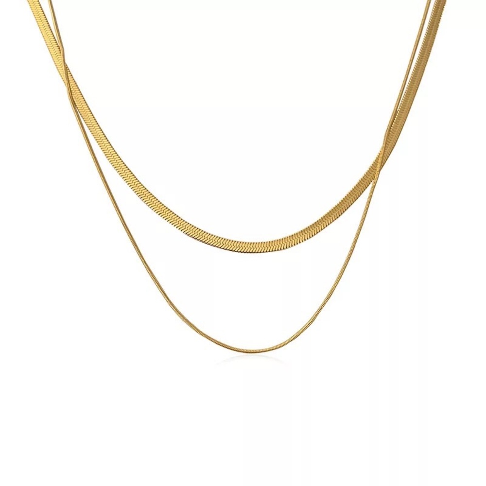 NEW 14K Gold Plated Double Layer Flat Herringbone & Thin Snake Chain Necklace - Picture 5 of 12